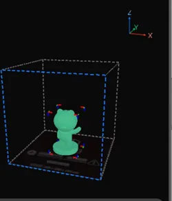 A generated 3D model of a small figure shown inside a build volume