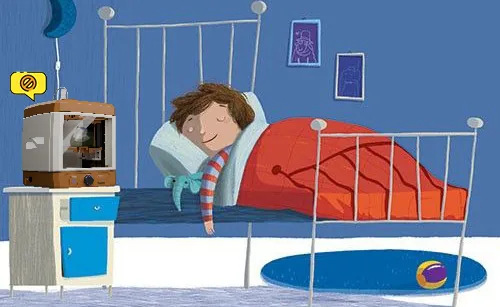 Illustration of a child sleeping peacefully while a small 3D printer works on the bedside table