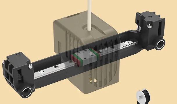 Print head carriage mounted on a precise metal linear guide rail